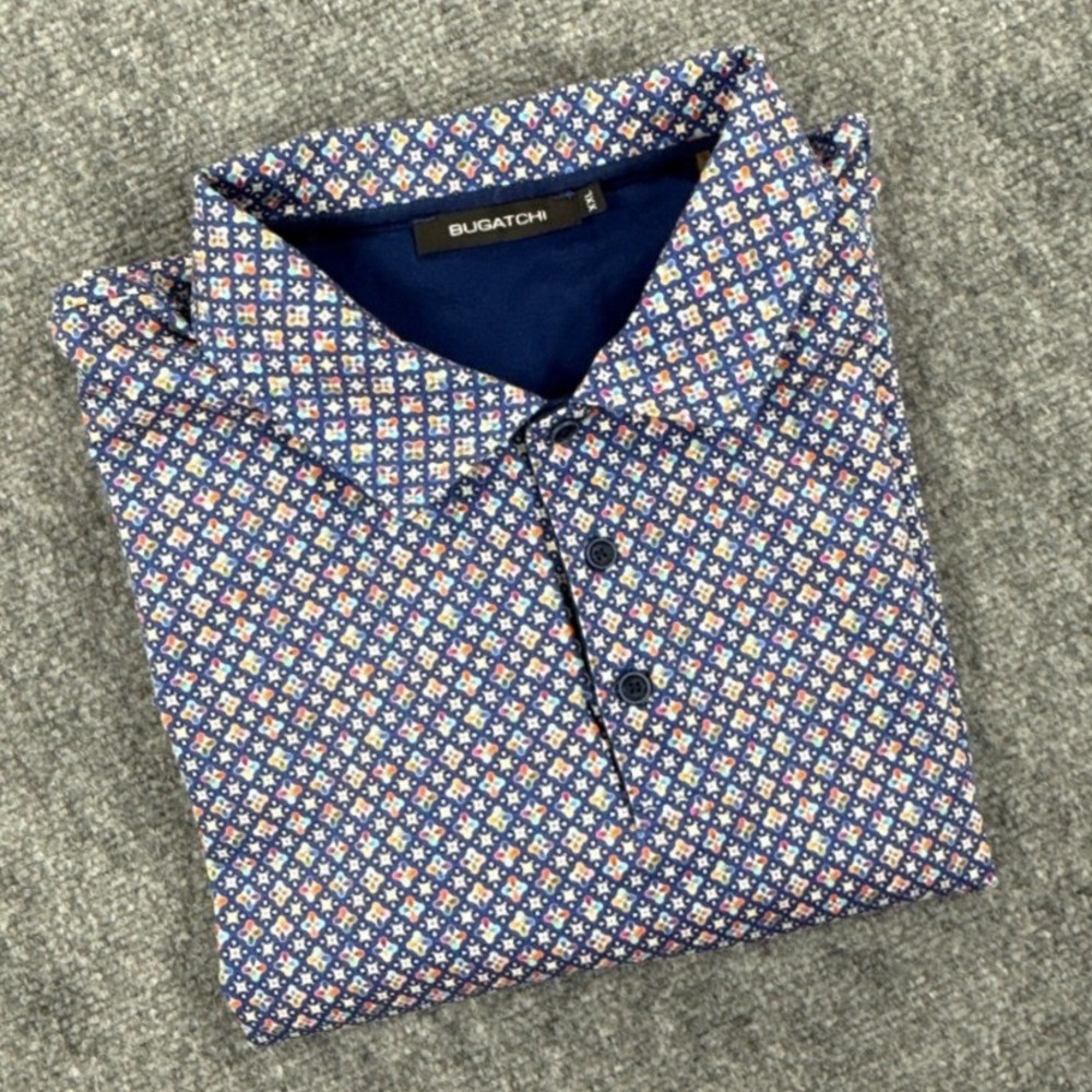Bugatchi Mens XXL Blue Geometric Floral Mercerized Cotton Geometric Polo Shirt